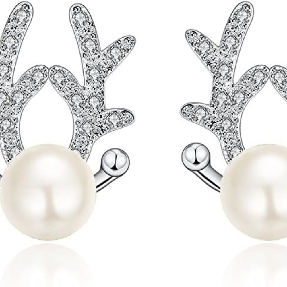 Pearl and Rhinetone Reindeer Studs Silver tone